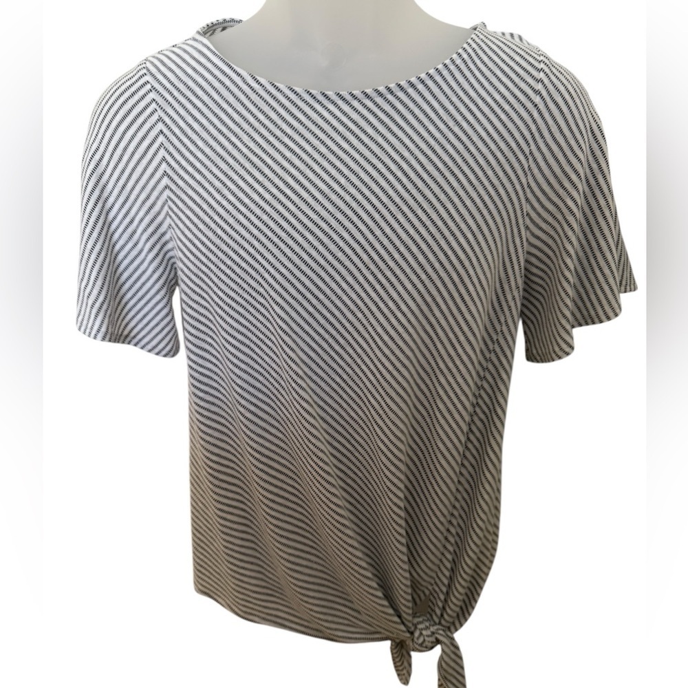 LOFT Black & White Stripes Short Sleeve Top Blouse w/ Tie Women SP Small Petite
